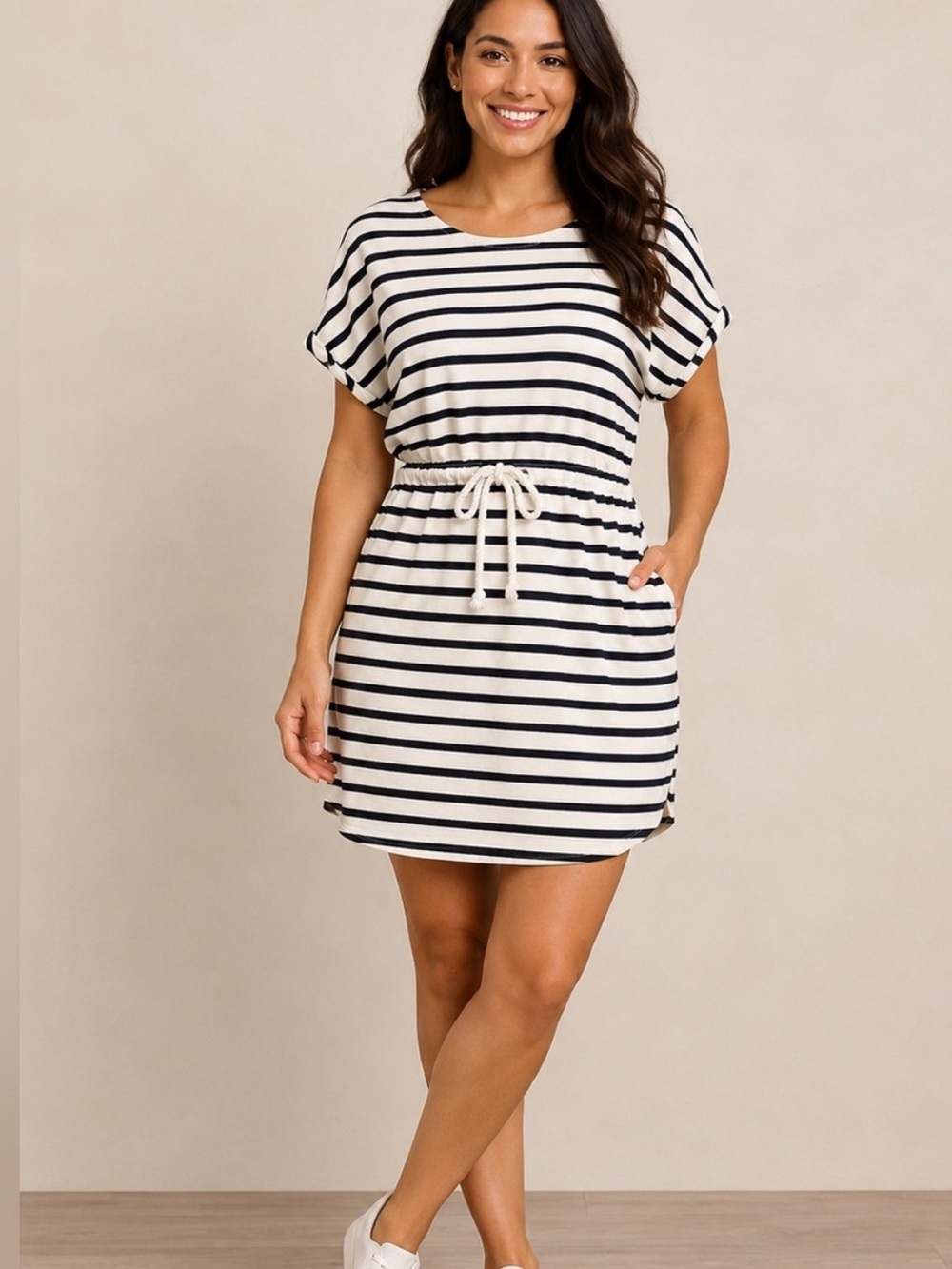 Olive & Oak Navy and White Striped Mini Dress with sinched waist size medium